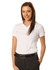 A white ladies' polo shirt with a v-neck and short sleeves, paired with black trousers. The model is smiling and wearing a belt.