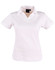 A white ladies' polo shirt with a collar and short sleeves, featuring a logo on the label.