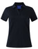 A black short sleeve polo shirt with a collar and three buttons, featuring a logo on the chest.