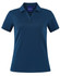 A teal short sleeve polo shirt with a collar and three button placket, featuring a branding logo.