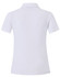 A white short sleeve polo shirt featuring a smooth fabric and a collar, with a branding logo on the back.