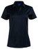 A black short sleeve polo shirt with a collar and three buttons, featuring a logo on the chest.