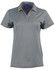 A grey short sleeve polo with a collar and three buttons, featuring a logo on the front.
