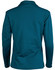A long sleeve polo shirt in teal, featuring a collar and a logo on the back.