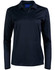 A dark navy long sleeve polo shirt with a collar and three buttons, featuring a logo on the front.