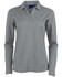 A long sleeve polo shirt in grey, featuring a collar and three buttons, with branding on the neckline.