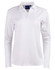 A white long sleeve polo shirt with a collar and buttons, featuring a logo on the front.