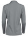 A long sleeve polo shirt in grey, featuring a collar and a logo on the back.