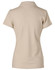 A beige ladies' polo shirt featuring a collar and short sleeves, with a logo on the back.