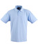 A light blue short sleeve polo shirt with a chest pocket and a logo on the collar.