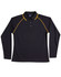 A black long-sleeve polo shirt with yellow detailing, featuring a collar and buttons. It has a logo on it.