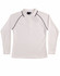 A long-sleeve white polo shirt featuring black piping and a logo on the collar.