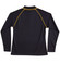 A black long-sleeve polo shirt featuring yellow raglan seams and a collar. It has a logo on it.