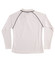 A long-sleeve white polo shirt with a black trim and a logo on the back.