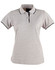 A grey ladies' polo shirt featuring a black collar and trim, with a button placket and logo at the chest.