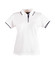 A white polo shirt featuring a collar with navy detailing and a logo.
