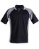 A black and grey men's polo shirt featuring a logo and contrasting side panels.