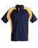 A navy and yellow men's polo shirt featuring a logo on the chest and short sleeves.
