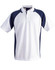 A men's polo shirt featuring a white body with navy blue accents and a logo on the chest.