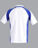 A short-sleeved men's polo shirt in white with blue sleeves and side accents. It features a logo on the upper left.