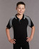 A black kids' polo shirt with grey accents, featuring a collar and short sleeves, has a logo on it.