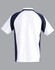 A polo shirt featuring a white body with navy sleeves and back, and a branding logo on the upper back.