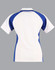 A polo shirt in blue and white with a logo, featuring a classic collar and short sleeves.
