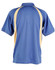 A blue polo shirt with yellow side panels and a collar, featuring branding on the back.