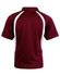 A maroon polo shirt with white side panels and a collar. It features a logo.