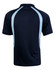 A navy blue polo shirt with light blue accents and a logo on the back. Features a classic collar and short sleeves.