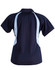 A navy polo shirt with light blue panel detailing, featuring a collar and short sleeves. It has a logo on the front.