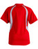 A red polo shirt featuring white accents and a branded logo on the back.