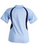 A light blue ladies' polo shirt featuring navy accents and short sleeves, with a logo on the back.