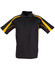 A black polo shirt with yellow side stripes and a logo. Short sleeves and a buttoned collar design.