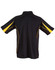 A black polo shirt featuring yellow accents and a logo on the back.