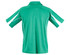A green men's polo shirt featuring short sleeves and contrasting white piping, with a logo on the back.