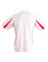 A white polo shirt with red accents, featuring short sleeves and a back view. It has a logo on the upper back.
