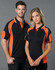 A black and orange polo shirt featuring a logo, displayed on a male and female model.