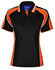 A black ladies' polo shirt with orange and white accents and a branded logo on the chest.