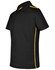 A black short sleeve polo shirt with contrasting yellow side stripes and a logo on the chest.