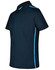 A navy blue short sleeve polo shirt with contrasting light blue side stripes and a logo on the chest.