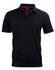A black short sleeve polo shirt with red contrast detailing and a branding logo on the chest.
