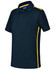 A kids' short sleeve polo in navy with yellow contrast side panels. The shirt features a collar and buttons.