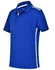 A blue short sleeve polo shirt with white contrast detailing and a logo on the chest.