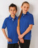 A blue kids' polo shirt featuring white contrast stripes, with a logo on the front. Two children model the shirt.