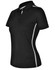 A black short sleeve polo shirt with grey contrast stripes and a logo on the chest.