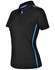 A black ladies' polo shirt with short sleeves featuring blue contrast detailing and a logo.