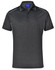 A short sleeve polo shirt in dark grey with white accents and a logo on the collar.