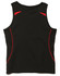 A black singlet featuring red accents and a logo. The design includes curved lines along the sides.