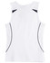 A white singlet with black accents and a mesh detailing on the sides, featuring a logo.